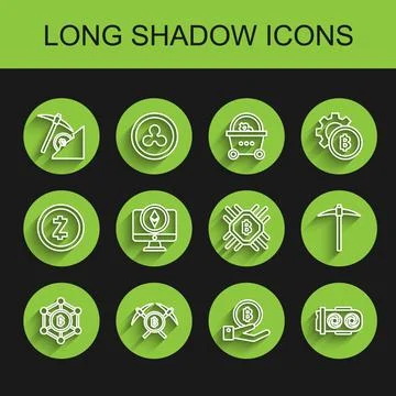 Set line Blockchain technology Bitcoin, Crossed pickaxe, Cryptocurrency clo.. Illustrazione stock