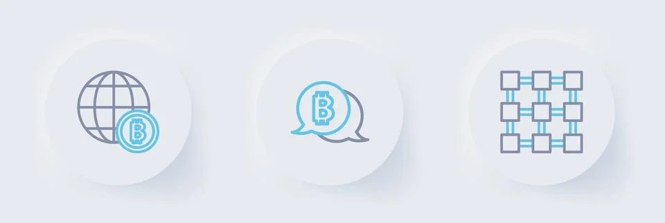 Set line Blockchain technology, Bitcoin and Globe icon. Vector Stock Illustration