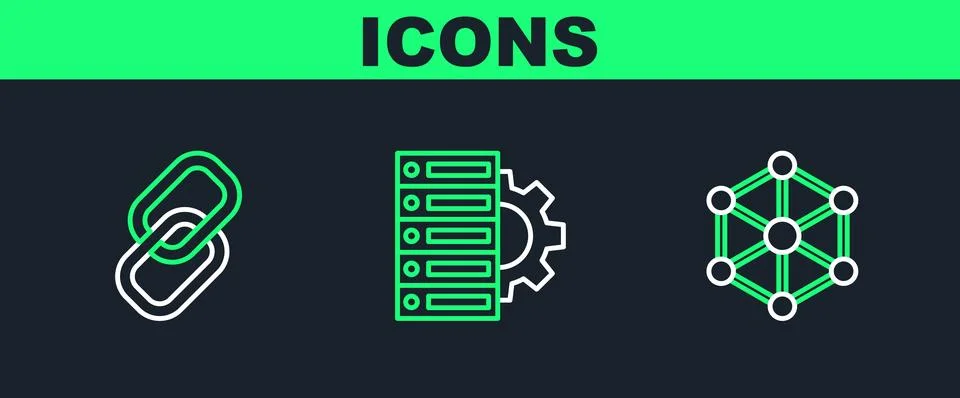 Set line Blockchain technology, Chain link and Server and gear icon. Vector Illustrazione stock