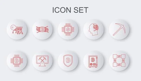 Set line Blockchain technology, CPU mining farm, Processor chip with dollar Stock Illustration