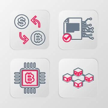 Set line Blockchain technology, CPU mining farm, Smart contract and Processor Illustrazione stock