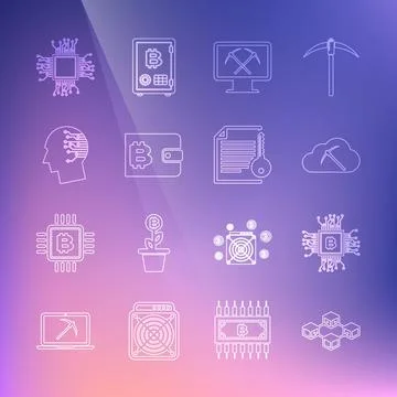 Set line Blockchain technology, CPU mining farm, Cryptocurrency cloud, Mining Illustrazione stock