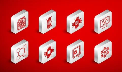 Set line Blockchain technology, Cryptocurrency bitcoin circuit, Processor chip Stock Illustration