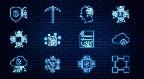 Set line Blockchain technology, Cryptocurrency cloud mining, Brain as digital 스톡 일러스트