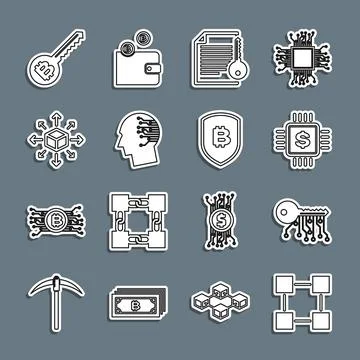 Set line Blockchain technology, Cryptocurrency key, Processor chip with dolla Stock Illustration
