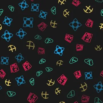 Set line Blockchain technology, Cryptocurrency cloud mining, Crossed pickaxe and Illustrazione stock