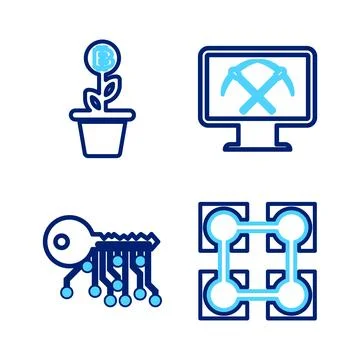 Set line Blockchain technology, Cryptocurrency exchange, Mining with monito.. Stock Illustration
