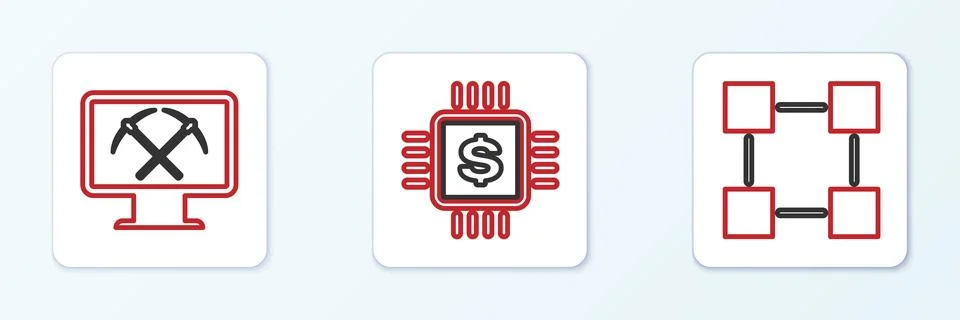 Set line Blockchain technology, Mining with monitor and pickaxe and Processor Illustrazione stock