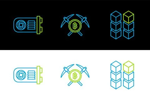 Set line Blockchain technology, Mining farm and Crossed pickaxe icon. Vector Illustrazione stock