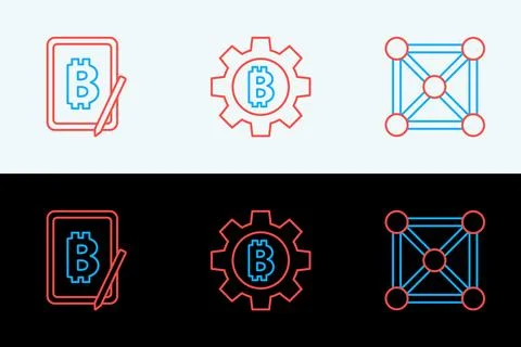 Set line Blockchain technology, Mining bitcoin from tablet and Cryptocurren.. Stock Illustration