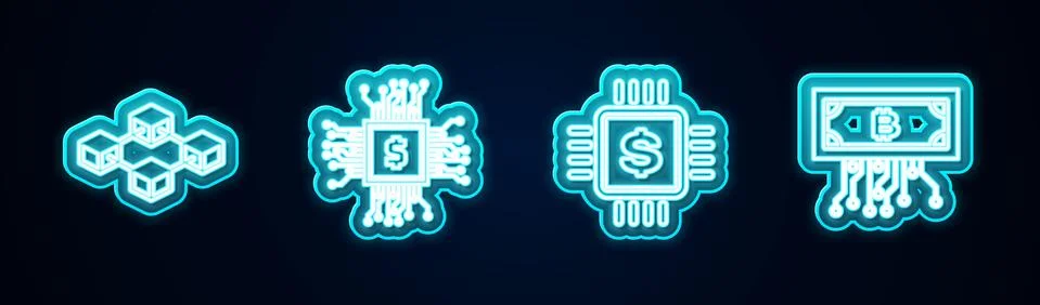 Set line Blockchain technology, Processor chip with dollar, and Cryptocurrency Stock Illustration