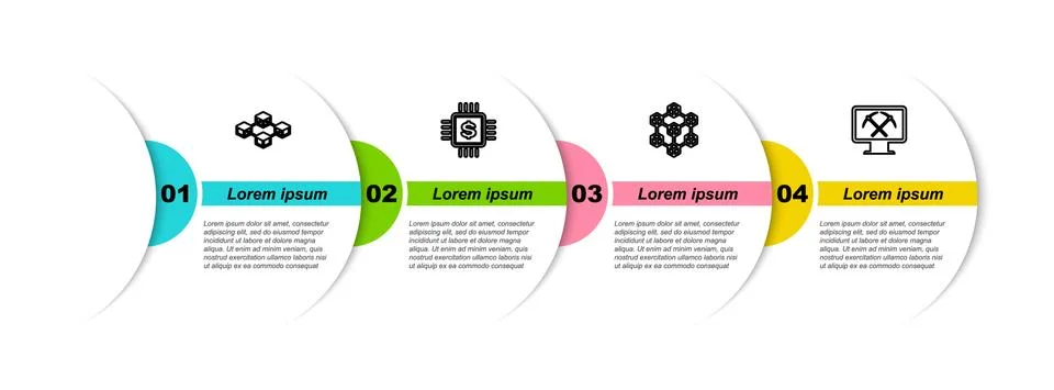 Set line Blockchain technology, Processor chip with dollar, and Mining monitor Illustrazione stock