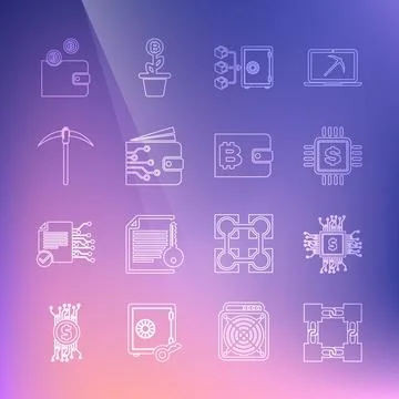 Set line Blockchain technology, Processor chip with dollar, Proof of stake 스톡 일러스트