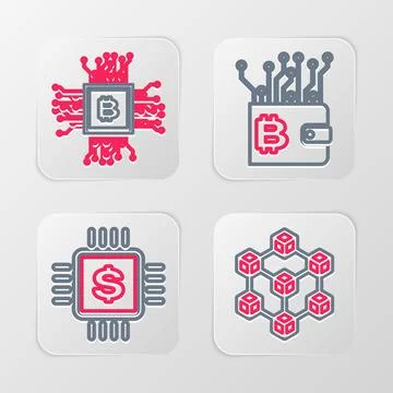 Set line Blockchain technology, Processor chip with dollar, Cryptocurrency .. Stockillustratie