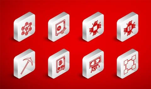 Set line Blockchain technology, Proof of stake, Processor, chip with dollar Stock Illustration