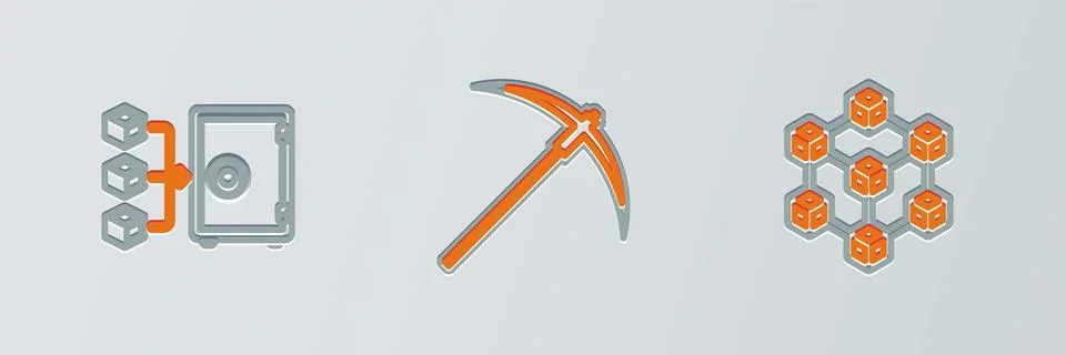 Set line Blockchain technology, Proof of stake and Pickaxe icon. Vector Illustrazione stock