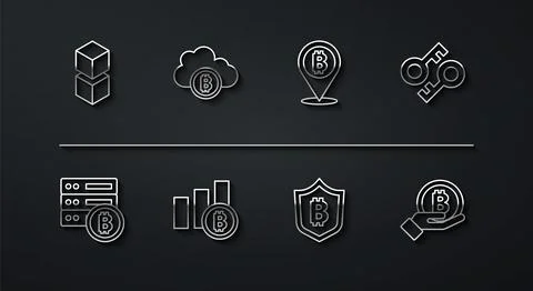 Set line Blockchain technology, Server bitcoin, Cryptocurrency key, Shield .. Stock Illustration