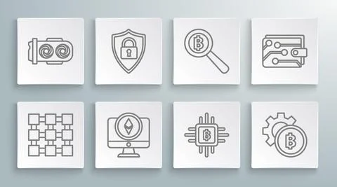 Set line Blockchain technology, Shield security with, Monitor and Cryptocurrency 스톡 일러스트