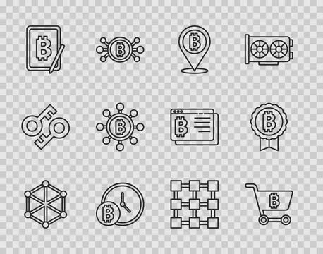 Set line Blockchain technology, Shopping cart with bitcoin, Bitcoin, clock Stock Illustration