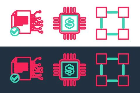 Set line Blockchain technology, Smart contract and Processor chip with dollar Stock Illustration