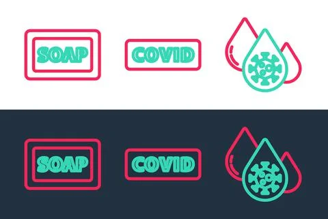 Set line Blood test and virus, Bar of soap and Corona covid-19 icon. Vector Illustrazione stock