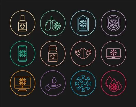 Set line Blood test and virus, Virus statistics on laptop, Clipboard with b.. Stock Illustration