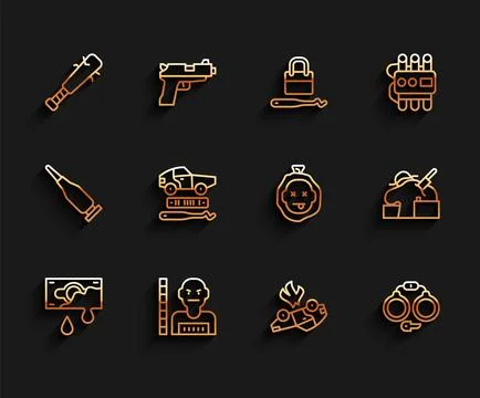 Set line Bloody money, Suspect criminal, Baseball bat with nails, Burning c.. Stock Illustration