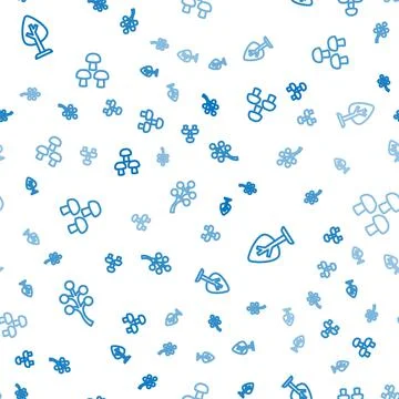 Set line Blossom tree branch, Forest and Mushroom on seamless pattern. Vector Stock Illustration