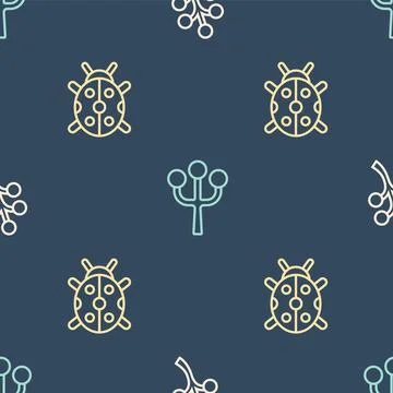 Set line Blossom tree branch, Ladybug and  on seamless pattern. Vector Stock Illustration