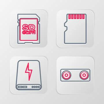 Set line Bluetooth connected, Power bank, Micro SD memory card and icon. Vector Stock Illustration