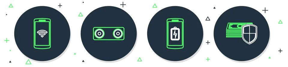 Set line Bluetooth connected, Smartphone with heart rate, speakers and Power Stock Illustration