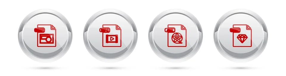 Set line BMP file document, MP4, AVI and RUBY. Silver circle button. Vector Ilustración de archivo