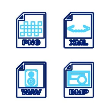 Set line BMP file document, WAV, XML and PNG icon. Vector Illustration