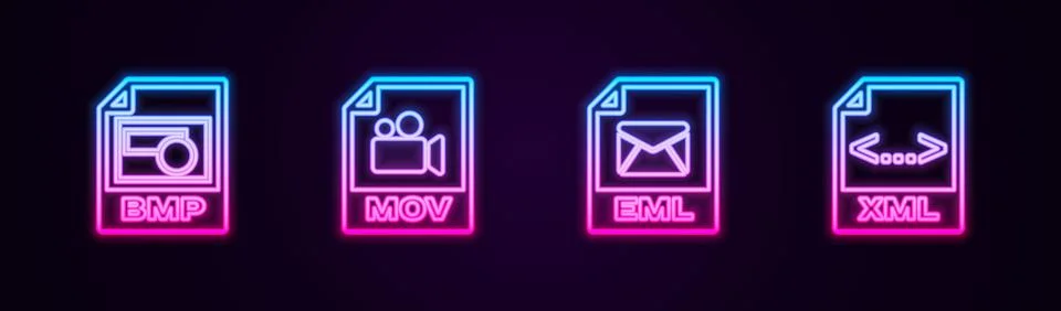 Set line BMP file document, MOV, EML and XML. Glowing neon icon. Vector Stock Illustration