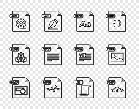 Set line BMP file document, PHP, OTF, MP3, AVI, TXT, JS and TIFF icon. Vector Stock Illustration