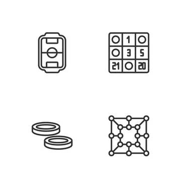 Set line Board game, Checker chips, Table football and Bingo card icon. Vector Illustrazione stock