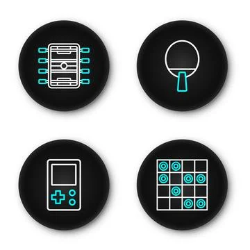 Set line Board game of checkers, Tetris, Racket and Hockey table icon. Vector Stock Illustration
