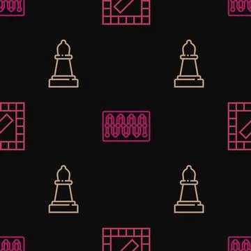 Set line Board game, Chess and on seamless pattern. Vector Stock Illustration