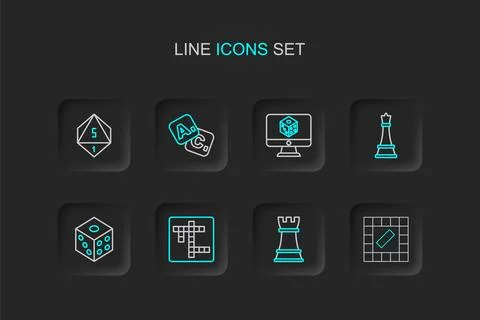 Set line Board game, Chess, Crossword, Game dice, Bingo and icon. Vector Stock Illustration