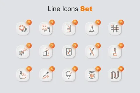 Set line Board game, Game dice, Racket, Dart arrow, Bowling pin and ball, C.. Stock Illustration