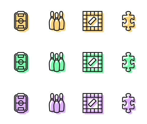 Set line Board game, Table football, Bowling pin and Puzzle pieces toy icon Illustrazione stock
