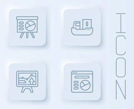 Set line Board with graph, Cargo ship boxes delivery, Monitor chart and Pie イラスト素材