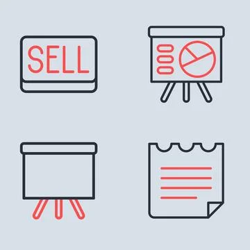 Set line Board with graph, Chalkboard, Notebook and Sell button icon. Vector Stock Illustration