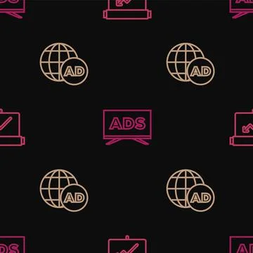 Set line Board with graph chart, Advertising and on seamless pattern. Vector Stock Illustration