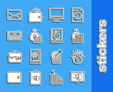 Set line Board with graph chart, Money bag, and coin, Computer monitor screen 스톡 일러스트