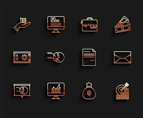 Set line Board with graph chart, Computer monitor, Money hand, bag, Target coin イラスト素材