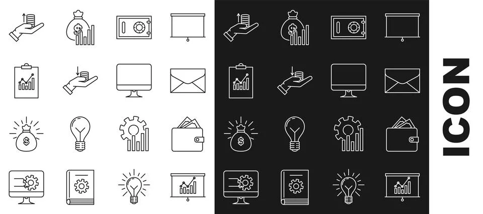 Set line Board with graph chart, Wallet stacks paper money cash, Envelope, Safe 스톡 일러스트