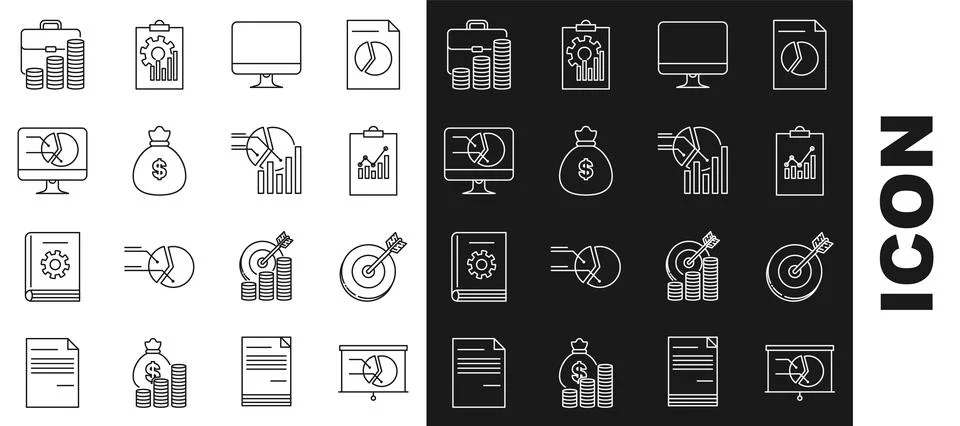 Set line Board with graph chart, Target, Clipboard, Computer monitor screen Stock Illustration