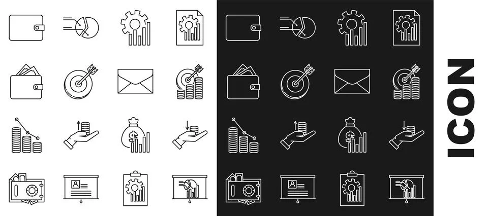 Set line Board with graph chart, Money on hand, Target coin symbol, Pie イラスト素材