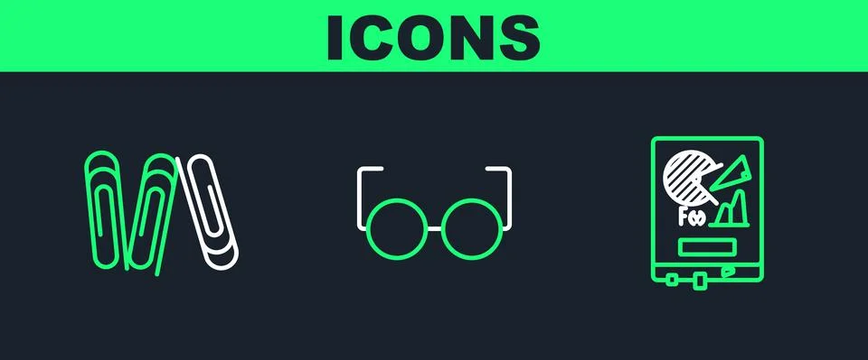 Set line Board with graph chart, Paper clip and Glasses icon. Vector Illustrazione stock